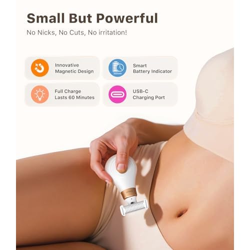 Mini Bikini Trimmer for Women - Intimate Pubic Hair Removal, Electric Body Groomer, Small Portable Wet/Dry Shaver, Magnetic Blade, USB-C Rechargeable with Travel Case, Easy to Clean (White)