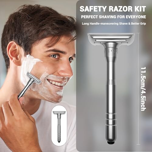 Adjustable Double Edge Safety Razor Shaving Kit for Men & Women - Shaving Brush, 10 Relacement Blades, Cleaning Brush & Razor Holder, Gift for Him, Boyfriend, Dad, Husband