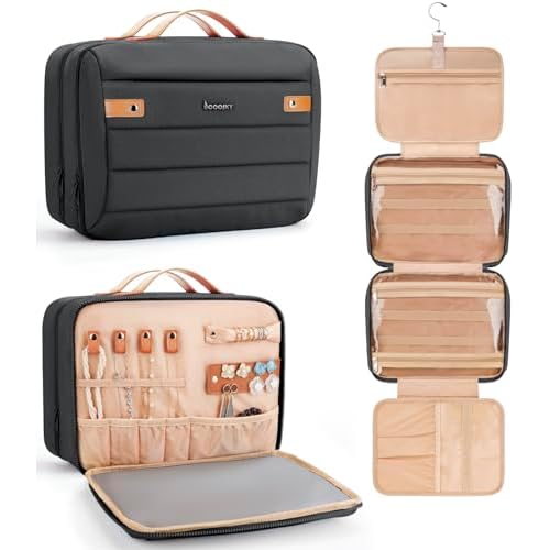 Women's Hanging Toiletry Bag, Waterproof Travel Cosmetic Organizer with Jewelry Storage, Large Capacity Makeup Case for Full-Size Skincare & Bathroom Essentials, Portable Cosmetic kit, Black