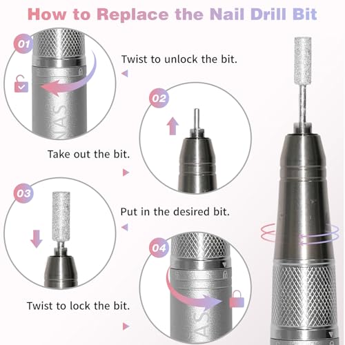 Electric Nail Drill Machine Professional, 40000 RPM Cordless Nail File Low Noise, Portable Rechargeable Nail Drill with Bits Kit for Acrylic Gel Nails Manicure & Removal