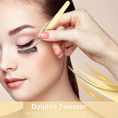 MORGLES Golden Lash Tweezers Set, 5 PCS Professional Eyelash Tweezers for Eyelash Extensions for Beginners & Lash Artists