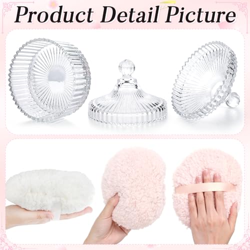 4 Pcs 6 In Extra Large Body Powder Puff and Container,Glass Candy Dish with Lid, Suitable for Both Dry and Wet Use, Reusable
