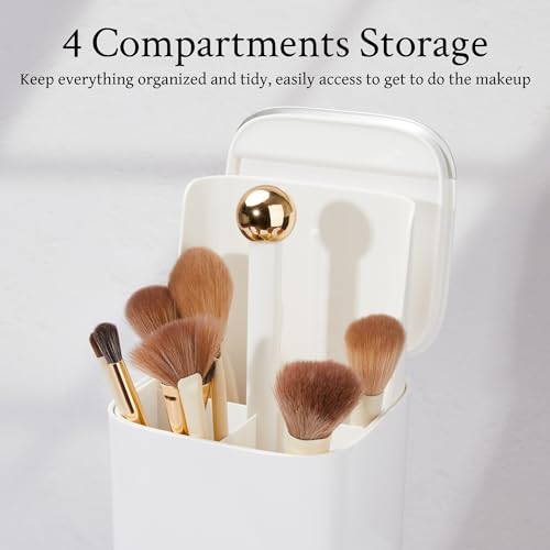 Automatic Lifting Makeup Brush Holder with Lid Dustproof Cosmetic Organizers for Vanity-White