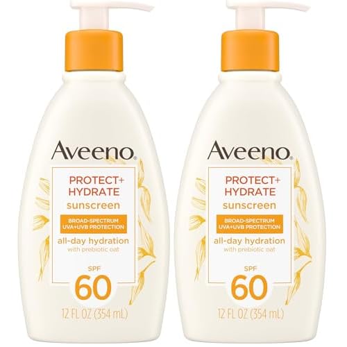 Aveeno Protect + Hydrate Sunscreen Moisturizing Lotion with Prebiotic Oat,Broad Spectrum SPF60,Paraben,& Oil Free,Weightless,Water & Sweat Resistant (80-min) for Sensitive Skin,12 Fl Oz,(Pack of 2)