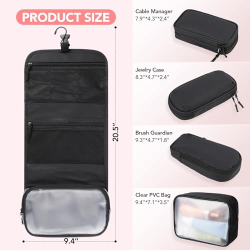Travel Toiletry Bag 5-Piece Kit, Hanging Toiletries Bag+TSA Approved Cosmetic Bag+Jewelry Bag+ Brush Bag+Cable Bag, Professional Travel Essentials Accessories Organizer for Women- Black