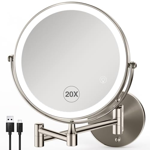 8.5 Inch Magnifying Mirror with Lights, Wall Mounted Makeup Mirror, Dual-Sided 1X/20X, Bright LED Lighting, Space-Saving Design for Bathroom & Vanity, Brushed Nickel