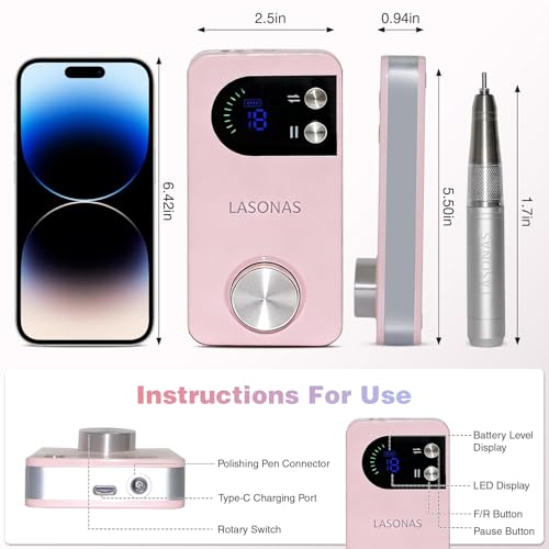 Electric Nail Drill Machine Professional, 40000 RPM Cordless Nail File Low Noise, Portable Rechargeable Nail Drill with Bits Kit for Acrylic Gel Nails Manicure & Removal