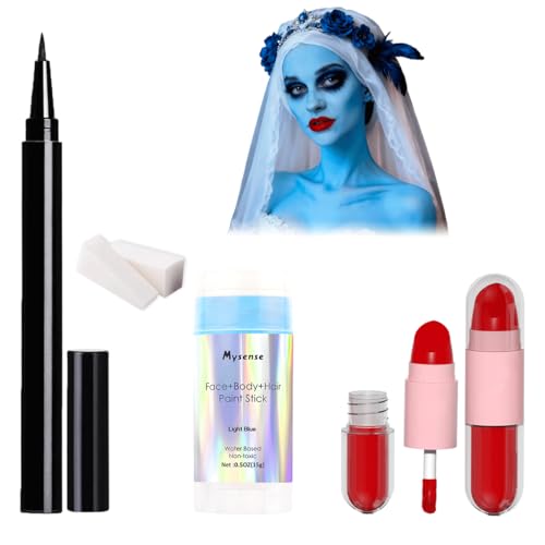 Mysense Sally Makeup Kit,Halloween Corpse Bride costume,Sally Face Cosplay Accessories for Women,Light Blue Face Paint+Red Double-Ended Lipstick+Black Eyeliner+Sponges