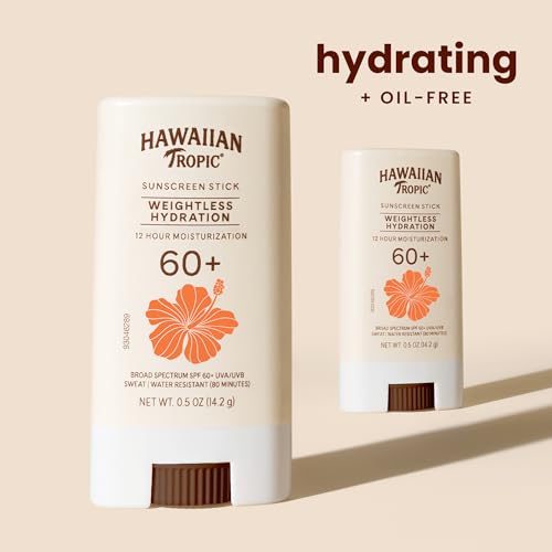 Hawaiian Tropic Weightless Hydration Sunscreen Stick SPF 60+ | Travel Size Sunscreen for Face and Body, Mini Sunblock Stick, Beach Essentials, Oil Free, Non Comedogenic Dermatologist Tested, 0.5oz