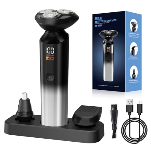 Electric Razor for Men, Rechargeable Electric Shaver for Men, Waterproof 3D Rotary Shaving, Wet/Dry Cordless 3-in-1 Electric Shaver with Beard Trimmer, Sideburn & Nose Hair Groomer