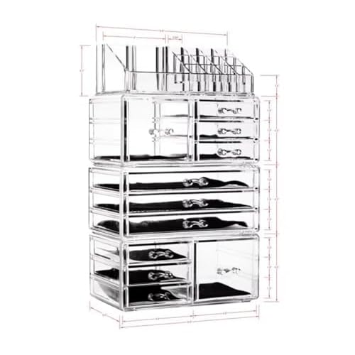 Acrylic 4 Pack Makeup Organizer with 11 Drawers, Clear, Stackable Cosmetic Organizer For Lipstick, Jewelry and Makeup Brushes, Beauty Storage With Drawers For Dresser And Bathroom.