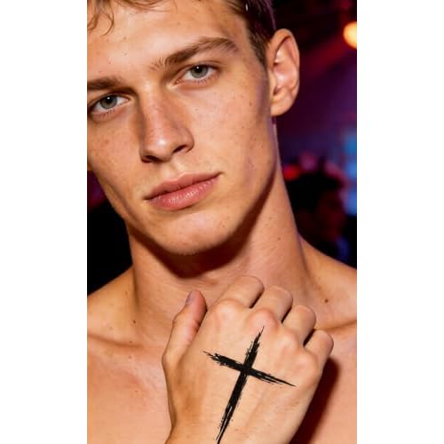 Semi Permanent Tattoo Men, 2 Sheets Realistic Cross Christian Temporary Tattoos for Men, Lasts 1 Weeks, Develops Fully in 48H, Waterproof and Non-Reflective, Cool Cross Tattoo