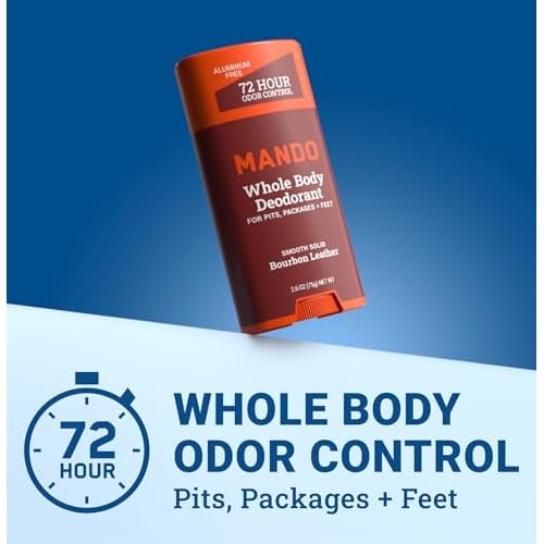 Mando Smooth Solid Stick (2.6 Ounce) + Acidified Body Wash (1.5 Ounce) - Clinically Proven to Block Odor All Day - Whole Body Safe For Pits, Packages + Feet (Bourbon Leather)