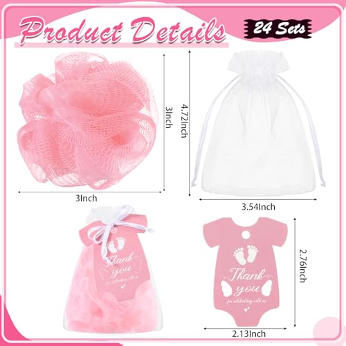 24 Sets Baby Shower Favors for Guests Include Bath Sponge Loofahs, Thank You Cards, White Organza Bags for Baptism Baby Shower Gender Reveal Birthday(Pink)