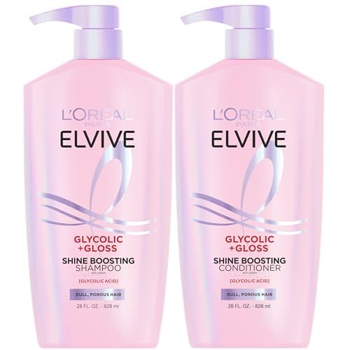 L'Oreal Paris Elvive Glycolic + Gloss Shine Boosting Shampoo and Conditioner Set, Cleanses and Smooths Dull, Porous Hair Into High-Shine, Glossy Hair, 1 Kit