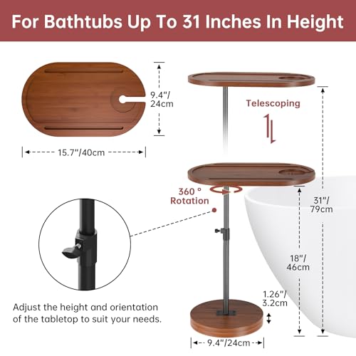 NiHome Bamboo Swivel Sofa Armrest Tray Table for Couch with Thickened Stable Base, Adjustable Height TV Tray Side Table with 360¡Æ Rotating for Bath Tub Hot Tub Bedside Balcony, Brown