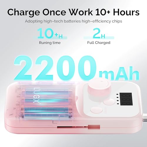 L'UGX Nail Drill Machine 35000RPM ? Rechargeable Electric Nail File with LED Display, Portable Efile Nail Drills for Acrylic Gel Nails, Cordless Nails Drill for Beginners & Pros-Pink