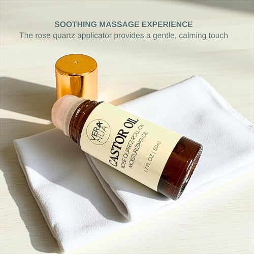 Castor Oil with Rose Quartz Roller ? Made with Organic Castor Oil, 100% Pure, Cold-Pressed & Hexane-Free | Ideal For Hair, Lashes, Brows, Skin (50ml)