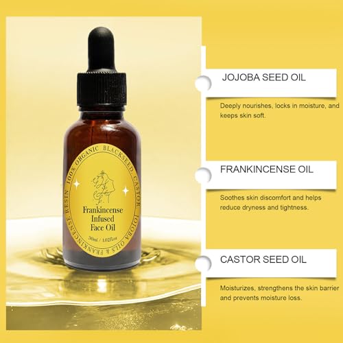 Frankincense Resin Oil for Face, Frankincense Oil for Skin, Frankincense Resin Infused Organic Black Seed, Castor & Jojoba Oil for Face, Facial Moisturizing Anti-Aging Serum (1PC, 1)