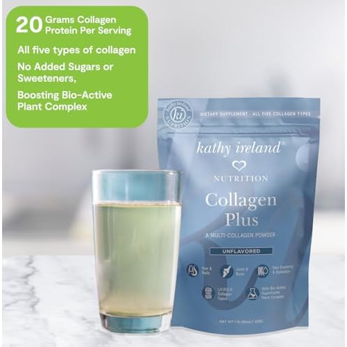 Kathy Ireland Multi Collagen Protein Powder Peptides, Types I, II, III, V, X Unflavored, 20g Protein per Serving, Bovine, Chicken, 16 oz