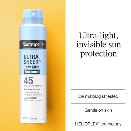Neutrogena Ultra Sheer Body Mist Sunscreen Spray, Broad Spectrum SPF 45, Lightweight Spray Sunscreen, Non-Greasy & Water Resistant, Oil-Free & Non-Comedogenic UVA/UVB, Twin Pack, 2 x 5 oz
