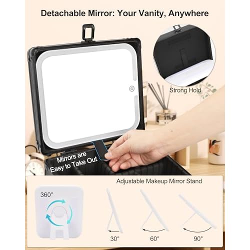 Makeup Case with Lighted Mirror, Travel Makeup Box with LED Mirror Makeup Organizer Bag Portable Cosmetic Train Case Makeup Artist Storage Bags with Adjustable Dividers Gifts for Women and Girls