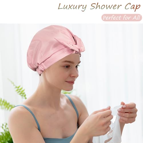 Shower Cap for Women Reusable Waterproof, Large Satin Shower Bonnet, Washable Bath Hat for Long Hair, Braids, Curly Hair, Pink + Black