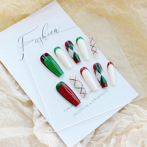 Nails Handmade Press on Nails Long Coffin | Handmade Nails with Christmas Theme | Reusable fake Nails with Unique Designs | False Nails 10 Pcs (Christmas Theme, M)