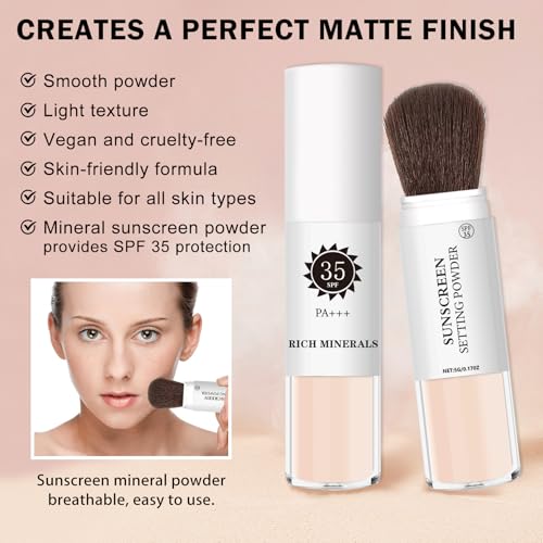 Mineral Sunscreen Setting Powder for Face & Scalp, SPF 35 Mineral Brush Powder Sunscreen Oil Control Matte Finish Long Lasting Lightweight Breathable for All Skin Tones Types-01 Translucent