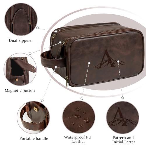 Janhavi Shaving Bag for Men Travel Waterproof, Engraved Initials & Mountain, Make Up Bag,Groomsmen Gifts, Mens Toiletry Travel Bag, Men's Accessories Organizer, Gifts for Him(Dark Brown M)