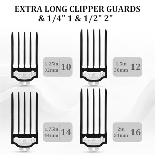 Clipper Guards Set with Metal Clip, Hair Clipper Attachment for Wahl Clippers, 4 Cutting Lengths 1.25 Inch, 1.5 Inch, 1.75 Inch, 2 Inch, Extra Long 10 12 14 16 Guard, Black