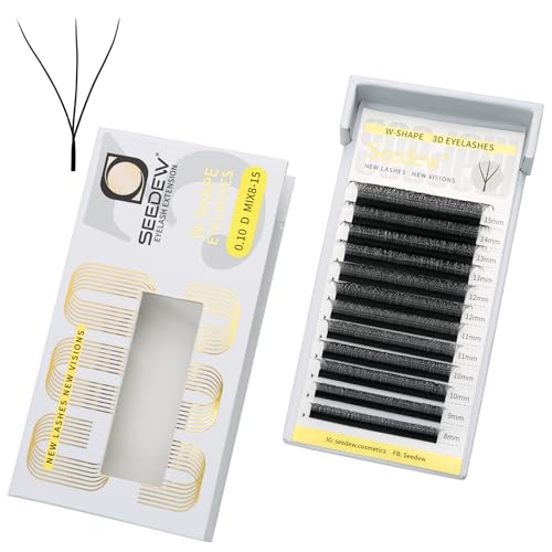 3D Lash Extensions, 0.10mm D Curl MIX8-15mm 12 Rows/Tray, W Shape Flat Stem, PBT Natural Eyelash Grafting for Beginner Artist, Lash Tech, Beauty Salon(3D-Matte Black-0.10-D-MIX8-15mm)
