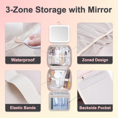Glint&Glide Travel Makeup Bag with LED Lighted Detachable Mirror, Tri-light Dimmable - Hanging Multi-Compartment Organizer for Women, Portable Cosmetic Case with Four Divided Storage, Pink