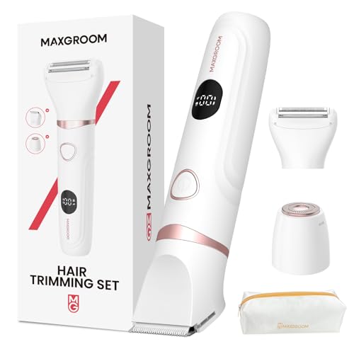 Bikini Trimmer for Women - MAXGROOM Waterproof Electric Razors for Women, Cordless Electric Shaver for Private Area with LED Display, USB Rechargeable & Travel Pouch, White