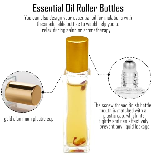 25 Pcs 10 ml Roller Bottles for Essential Oils, Square Thick Empty Glass Roller Bottles with Stainless Steel Roller Balls Protection Leakproof with 2 Funnel for Travel, Gold
