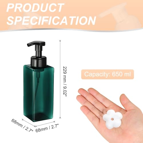 uxcell 2PCS Square Empty Foam Pump Bottle, 650ml Travel Foam Soap Dispenser Empty Refillable Plastic Pump Bottle for Lash Shampoo, Hand Soap, Facial Lotion(7.6", Clear Dark Green)