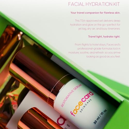 Facecard Facial Set Hydration Kit, Travel Friendly size Hydrating Skincare Set, Face Mist, Serum, Under Eye Patches, Sheet Mask, Lip Balm Vegan & Cruelty-Free
