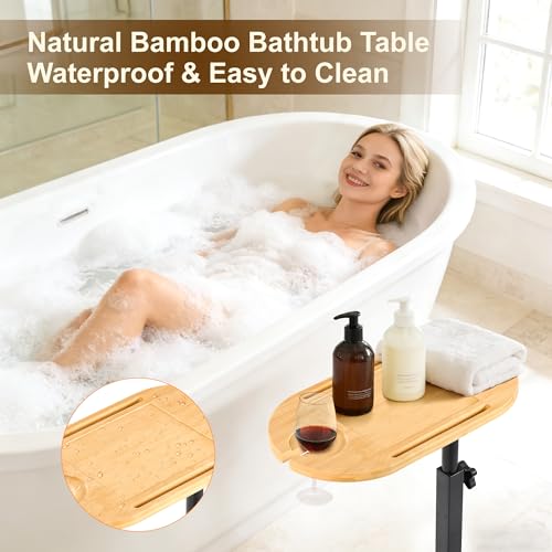 Bamboo Bathtub Side Table, 360¡Æ Swivel Height Adjustable Freestanding Bath Caddy Organizer with 5 Storage Sections, Luxury Home Spa Bathroom Essential (Natural)
