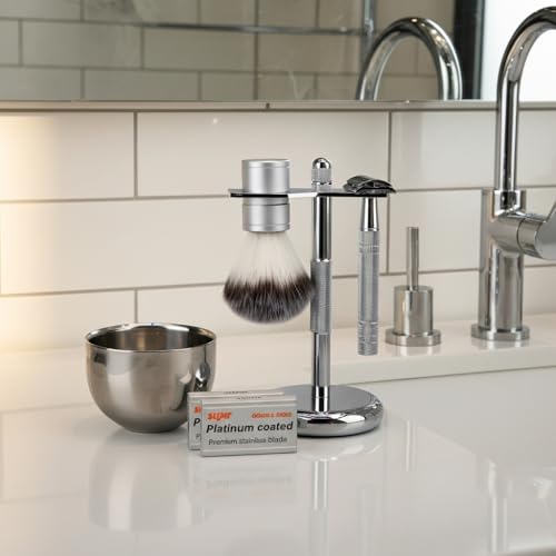 Men's Shaving & Grooming Set, Double Edge Safety Razor, Shaving Brush, Razor & Brush Stand,10 Blades, Shaving Bowl, Valentine Gift For Men, Gift for Fathers/Dads (Silver)