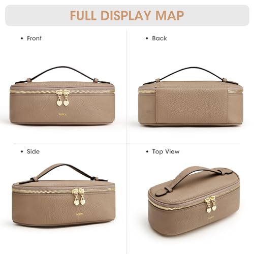 Kattee Makeup Bag for Women, Leather Cosmetic Bag, Working Makeup Bags for Ladies with Handles, Portable Travel Toiletry Bag,Apricot