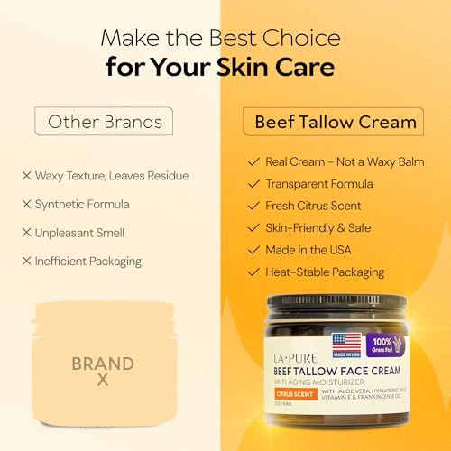 LA PURE Beef Tallow for Skin, Grass-Fed Tallow Face Cream with Aloe Vera, Hyaluronic Acid, Frankincense & Vitamin E to Hydrate, Firm, and Smooth Skin, Non-Greasy Moisturizer, Citrus Scent, 2 oz