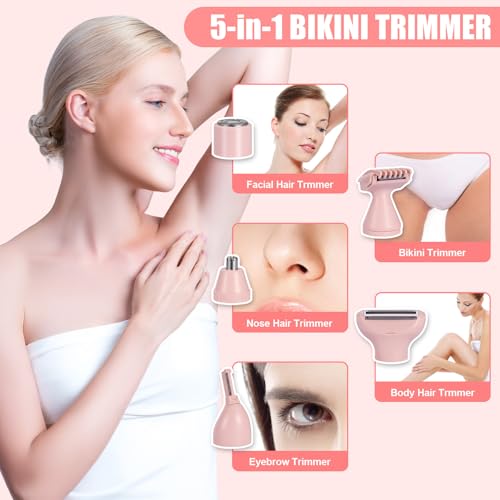 Bikini Trimmer for Women, 5 in 1 Rechargeable Electric Razors Waterproof Wet/Dry Use Body Hair Trimmer for Women & Men Pubic Hair, Private Area, Legs, Face, Nose, Eyebrow, Body (Pink)