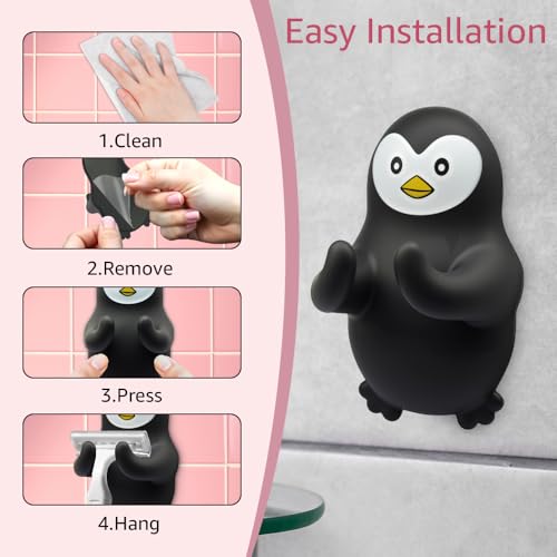 Animal Razor Holder for Shower, Cute Penguin Safety Razor Stand for Women Men, Razor Hanger for Family, Funny Shaver Holder for Friend Sister, Towel Squeegee Shaver Hooks for Bathrooms Wall C