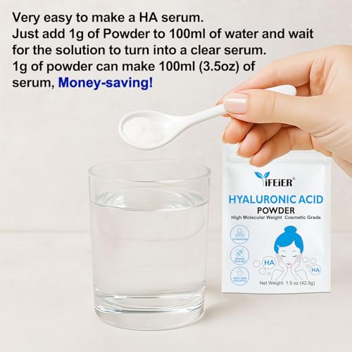 Hyaluronic Acid Powder | High Molecular Weight Hyaluronic Acid Serum Powder | 1.5oz(42.5g) Cosmetics Grade | Sodium Hyaluronate | LMW HMW HA ingredient to make gel for DIY Serums