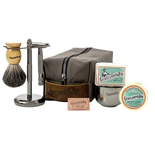 Gentleman Jon Deluxe Vintage Shaving Kit for Men - Men's Shaving Set Gifts, Compact Design, Includes Safety Razor and Brush Stand, Brush, Potassium Alum Block, Soap, Stainless Bowl, Stand & Dopp Kit