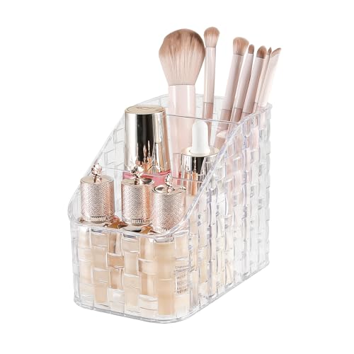 DASITON Makeup Brush Holder Organizer, 3 Slots Acrylic Makeup Brushes Storage Cup, Woven Texture Make Up Brush Holder for Vanity Bathroom Office, Pen Holder for Desk, Cosmetic Display Cases (Clear M)