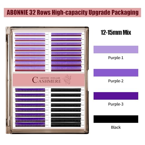 Colored Lash Extensions, 32 Rows Cashmere eyelashes, 0.07 D Curl12-15mm Mix Classic Eyelash Extensions, Single Lash Extensions for Professional Salon Use (32 Rows-Purple Ombre 0.07-D 12-15£©
