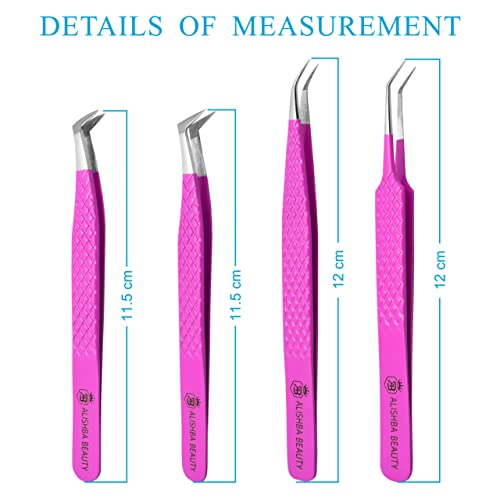 Alishba Beauty Eyelash Extension Tweezers, Precision Fiber Tip Grip Japanese Stainless Steel Profiessional (Set of 4 Eyelash Tweezer) (HOT PINK)
