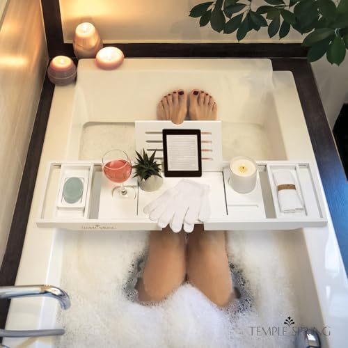 Temple Spring Wooden Bathtub Tray, Bamboo Bathroom Accessories, Bath Tray for Tub, at Home Spa Essentials, Board for Tub Table, Bath Caddy for Bathtub Accessories & Bathroom Essentials ? White