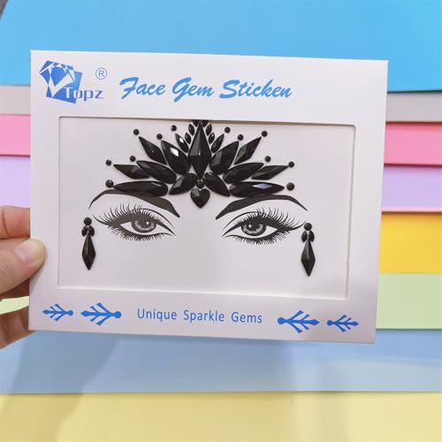Topz Black Face Jewels Stickers, Self-Adhesive Face and Body Gems for Halloween Festival Makeup Skull Face Tattoo for Cosplay Costumes Rave Party Body Gems Stick On for Adults